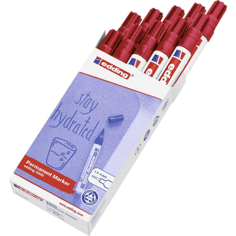 edding 3000 Marqueur permanent - rouge - 10 stylos - pointe ronde 1,5-3 mm - sèche vite - résiste à l'eau et à l'essuyage - pour edding 3000 Marqueur permanent - rouge - 10 stylos - pointe ronde 1,5-3 mm - sèche vite - résiste à l'eau et à l'essuyage - pour