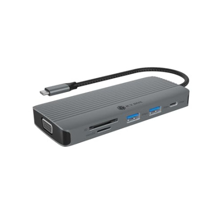 ICY Box Station d'accueil USB-C (10-en-1) avec 1x HDMI (4K 60 Hz), 1x VGA (2K 60 Hz), 3X USB-A, 1x USB-C, Lecteur de Cartes SD/m