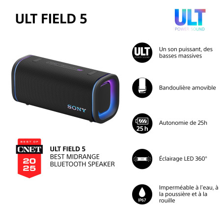 Sony ULT Field 5 - Enceinte Portable Bluetooth puissante, Batterie 25 Heures, 2 Modes ULT Power Sound, IP67, étanche à l'eau et