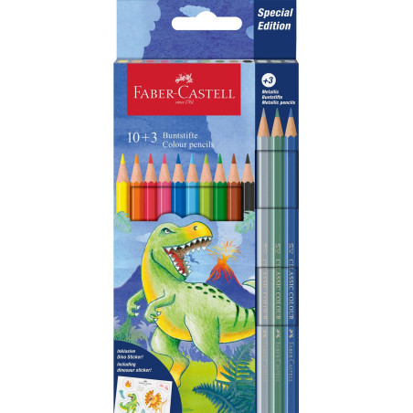 Faber-Castell 111213 - Trousse en carton avec 13 crayons de couleur - 10 couleurs classiques + 3 métalliques - Édition Dinosaure