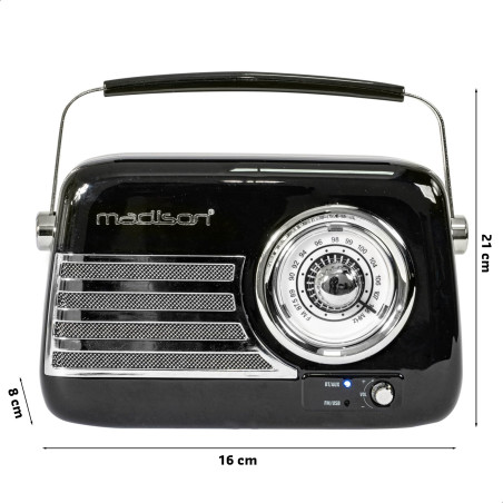 MADISON - FREESOUND-VR40B - Radio Vintage de 30W sur Batterie Longue autonomie avec Bluetooth, USB et FM - Noir