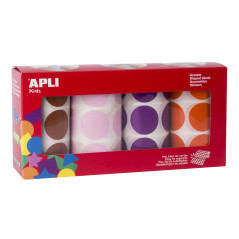 Apli kids 102411-4 rouleaux de gommettes rondes Ø 33 mm - Gommettes rondes de couleurs pour enfants - Marron,Rose,Mauve,Orange.
