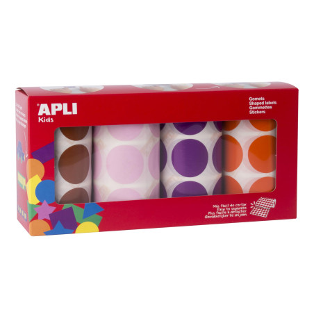 Apli kids 102411-4 rouleaux de gommettes rondes Ø 33 mm - Gommettes rondes de couleurs pour enfants - Marron,Rose,Mauve,Orange.