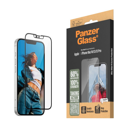 PanzerGlass Film de protection d'écran en verre transparent pour iPhone 16e (2025) | 14 | 13 | 13 Pro – Ajustement ultra large,
