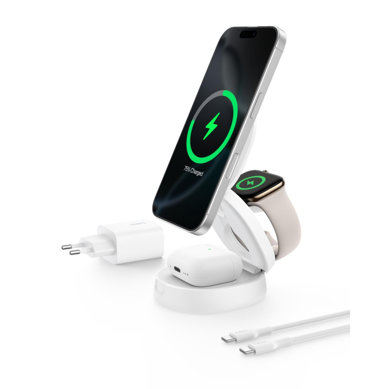 Belkin BoostCharge Station de Charge 3-en-1 Pliable, Chargeur Induction Compatible MagSafe, certifié Qi2, 15 W, pour iPhone 17, Belkin BoostCharge Station de Charge 3-en-1 Pliable, Chargeur Induction Compatible MagSafe, certifié Qi2, 15 W, pour iPhone 17,