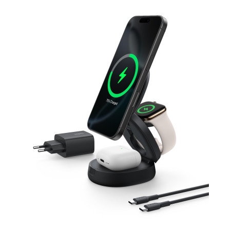 Belkin BoostCharge Station de Charge 3-en-1 Pliable, Chargeur Induction Compatible MagSafe, certifié Qi2, 15 W, pour iPhone 17,