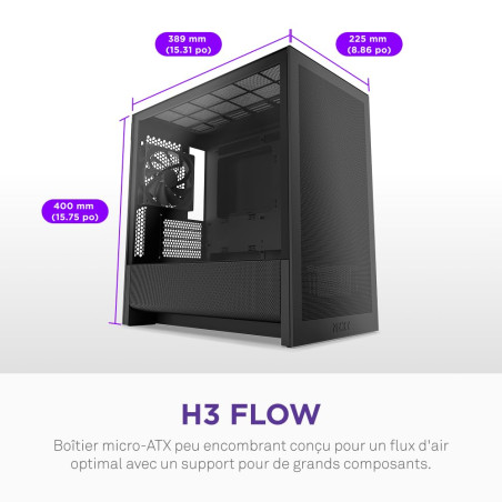 NZXT H3 Flow – Boîtier PC Gaming Micro-ATX – Flux d’air optimisé – 1 Ventilateur 120 mm Inclus – GPU Taille Standard – Rad. 280