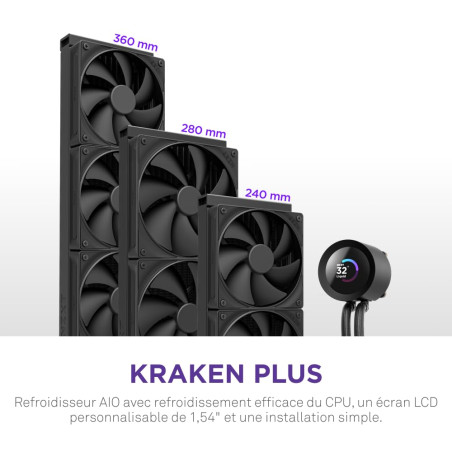 NZXT Kraken Plus 240 – Refroidisseur liquide AIO pour CPU – Radiateur 240mm – 2 x Ventilateurs F120P – Écran LCD carré personnal