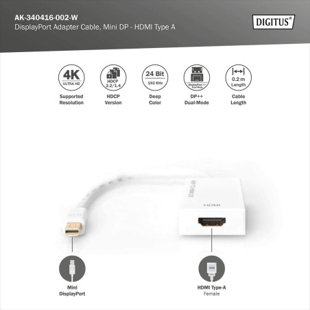 DIGITUS Mini DisplayPort Adaptateur Graphique - mDP vers HDMI Type A - UltraHD 4k/60 Hz 4096 x 2160 Pixels - Blanc