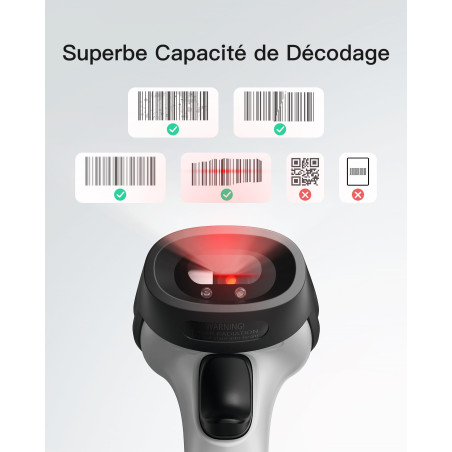 Inateck Lecteur Code Barre sans Fil 1D, Douchette Code Barre avec Bluetooth et Filaire USB, 2600 mAh, 180 Jours de Fonctionnemen