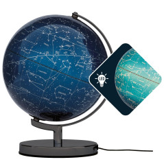 TROIKA Globe éclairé Ø 25 cm TERRA LIGHT Lumière LED Globe bleu carte du ciel & signe du zodiaque, pied en métal chromé, fond en