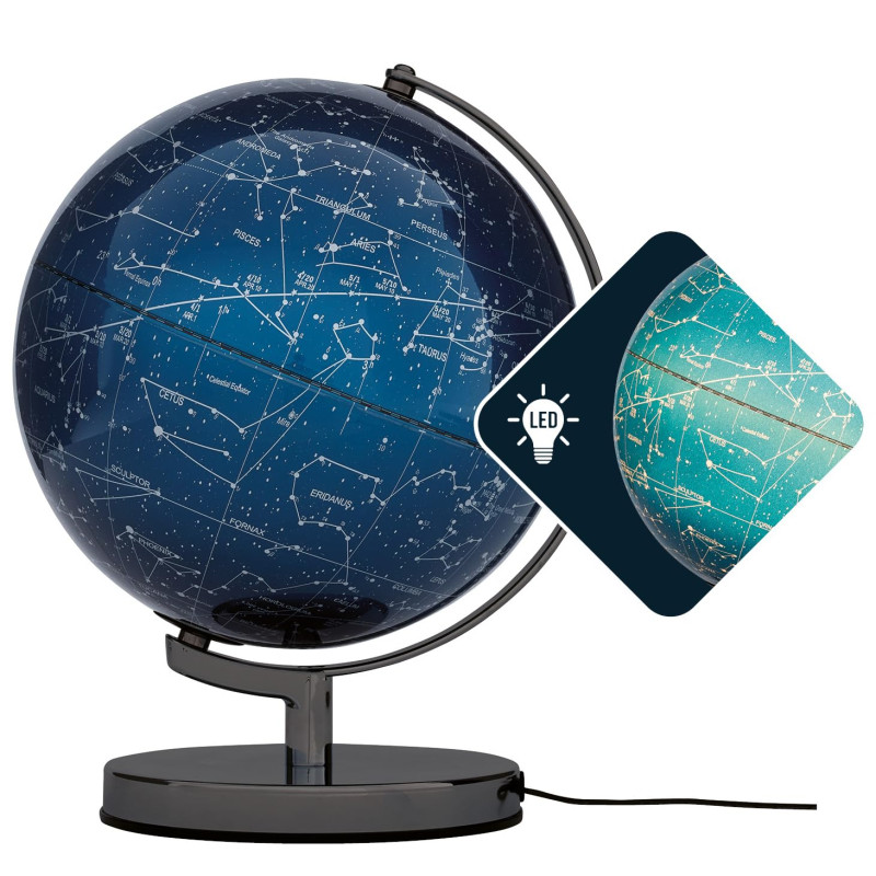 TROIKA Globe éclairé Ø 25 cm TERRA LIGHT Lumière LED Globe bleu carte du ciel & signe du zodiaque, pied en métal chromé, fond en TROIKA Globe éclairé Ø 25 cm TERRA LIGHT Lumière LED Globe bleu carte du ciel & signe du zodiaque, pied en métal chromé, fond en