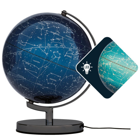TROIKA Globe éclairé Ø 25 cm TERRA LIGHT Lumière LED Globe bleu carte du ciel & signe du zodiaque, pied en métal chromé, fond en