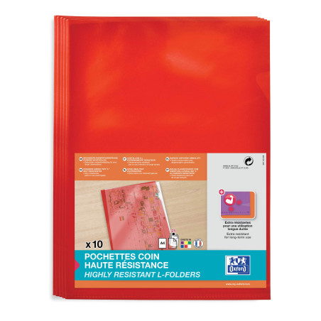 OXFORD 10 Pochettes plastiques Coins A4, Haute résistance 15/100e, Finition lisse, Couleur Rouge
