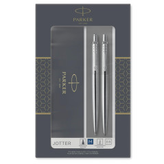 Parker Jotter Duo Coffret-cadeau avec Stylo Bille et Portemine criterium (0,5mm) | Acier inoxydable avec attributs chromés | Fou