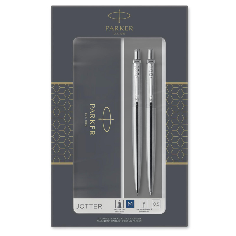 Parker Jotter Duo Coffret-cadeau avec Stylo Bille et Portemine criterium (0,5mm) | Acier inoxydable avec attributs chromés | Fou Parker Jotter Duo Coffret-cadeau avec Stylo Bille et Portemine criterium (0,5mm) | Acier inoxydable avec attributs chromés | Fou