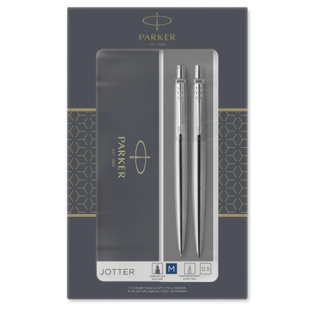 Parker Jotter Duo Coffret-cadeau avec Stylo Bille et Portemine criterium (0,5mm) | Acier inoxydable avec attributs chromés | Fou