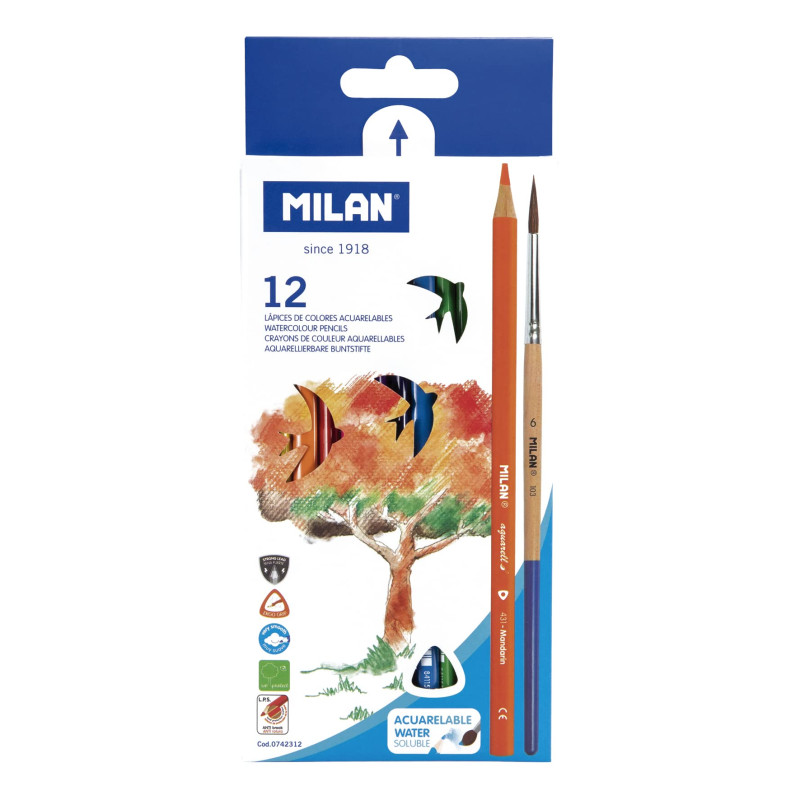 MILAN - Boîte de 12 Crayons de couleur triangulaires aquarellables avec pinceau MILAN - Boîte de 12 Crayons de couleur triangulaires aquarellables avec pinceau