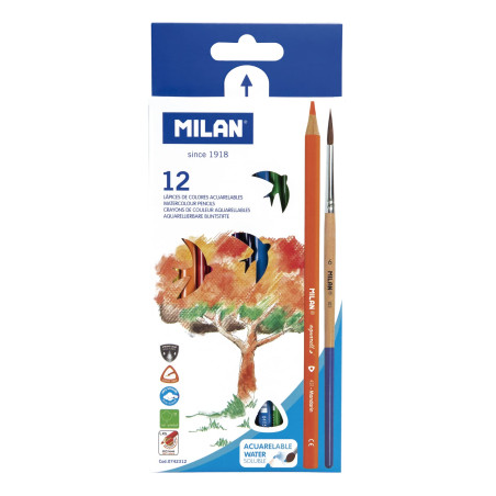 MILAN - Boîte de 12 Crayons de couleur triangulaires aquarellables avec pinceau
