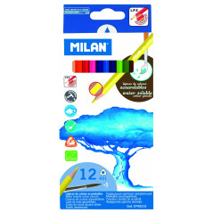 MILAN - Boîte de 12 Crayons de couleur triangulaires aquarellables avec pinceau