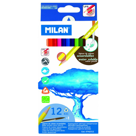 MILAN - Boîte de 12 Crayons de couleur triangulaires aquarellables avec pinceau