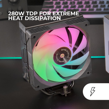 MARS GAMING MCPU-X5ARGB, Dissipateur CPU 280W TDP, 5x Heatpipes HCT Nouvelle Génération, Ventilateur PWM SI Extreme-Silent ARGB 