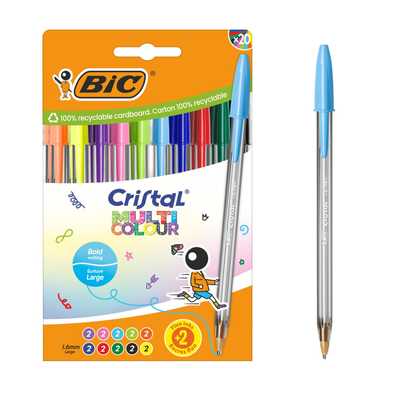 BIC Cristal Multicolour Stylos-bille Pointe Large (1,6 mm) - Encres classiques, fluos et fantaisie de couleurs assorties, pack d BIC Cristal Multicolour Stylos-bille Pointe Large (1,6 mm) - Encres classiques, fluos et fantaisie de couleurs assorties, pack d