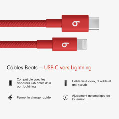 Beats USB-C vers Lightning Câble tissé , charge rapide, durable/anti-nœuds, chargeur compatible pour les appareils Apple à port 