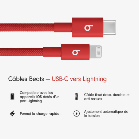 Beats USB-C vers Lightning Câble tissé , charge rapide, durable/anti-nœuds, chargeur compatible pour les appareils Apple à port 