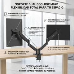 CoolBox M02D - Bras Double écran pour écrans jusqu'à 32", jusqu'à 8 kg par Bras, Hauteur, Inclinaison et Rotation réglables, Rot