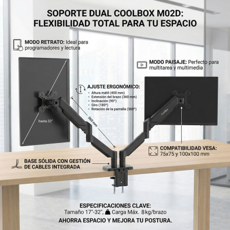 CoolBox M02D - Bras Double écran pour écrans jusqu'à 32", jusqu'à 8 kg par Bras, Hauteur, Inclinaison et Rotation réglables, Rot