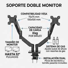 CoolBox M02D - Bras Double écran pour écrans jusqu'à 32", jusqu'à 8 kg par Bras, Hauteur, Inclinaison et Rotation réglables, Rot