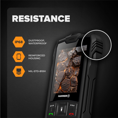 Hammer H Rock LTE Téléphone Portable Incassable Débloqué, 3000mAh, 64 Go, Écran IPS 2,4", Grandes Touches, Bouton SOS, Lampe Tor
