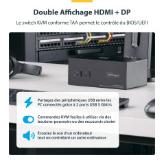 StarTech.com Commutateur KVM 2 Ports DisplayPort et HDMI, 4K 60Hz, Switch KVM, Hub USB 5Gbps 2 Ports, 2 Ports USB HID, TAA