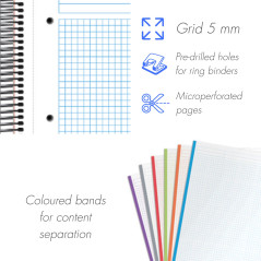 DOHE - Cahier A5 Quadrillé - 100 Feuilles Épaisseur 90 g/m², Format 16,2x21 cm, Couverture Rigide, Reliure à Anneaux et Élastiqu