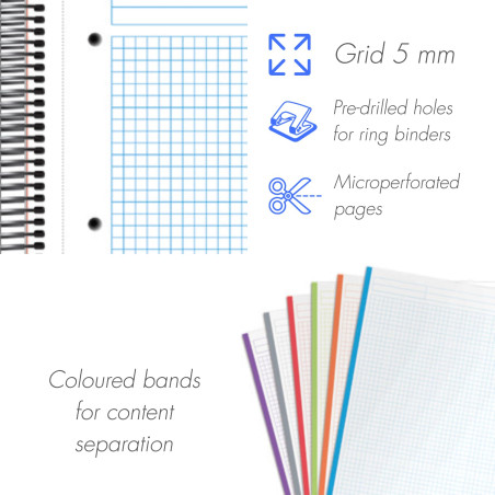 DOHE - Cahier A5 Quadrillé - 100 Feuilles Épaisseur 90 g/m², Format 16,2x21 cm, Couverture Rigide, Reliure à Anneaux et Élastiqu