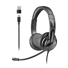 NGS VOX605 USB-C Casque Stéréo avec Microphone Flexible, USB-A Inclus, Annulation du Bruit, Contrôle du Volume, Bandeau renforcé
