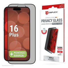 Displex Verre de protection Privacy Full Cover (10H) pour Apple iPhone 16 Plus, cadre de montage écologique, verre trempé, film