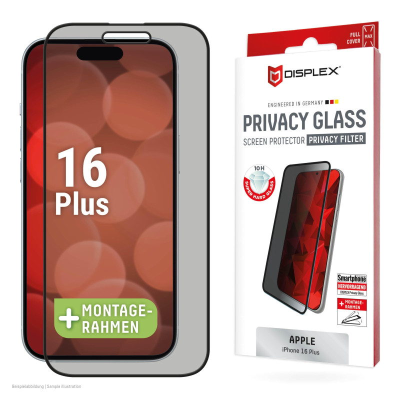 Displex Verre de protection Privacy Full Cover (10H) pour Apple iPhone 16 Plus, cadre de montage écologique, verre trempé, film Displex Verre de protection Privacy Full Cover (10H) pour Apple iPhone 16 Plus, cadre de montage écologique, verre trempé, film