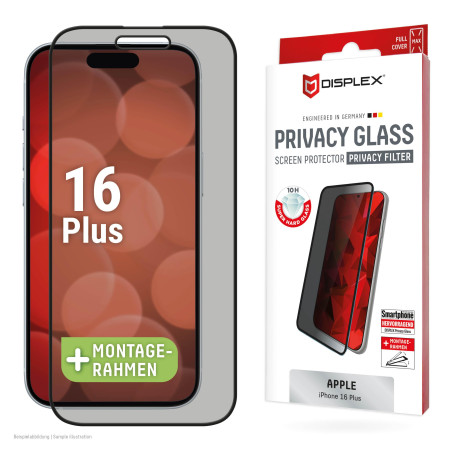 Displex Verre de protection Privacy Full Cover (10H) pour Apple iPhone 16 Plus, cadre de montage écologique, verre trempé, film