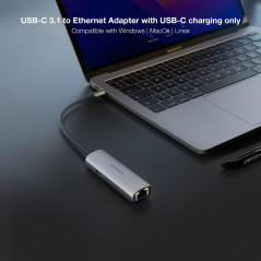 NANOCABLE 10.16.4603 – Adaptateur USB-C 3.1 vers RJ45, avec PD 100W, USB-C/M, Aluminium, Couleur Gris, 18 cm