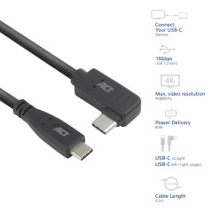 ACT AC7405 Câble coudé USB C 0,5 m, PD 60 W USB C Fiche coudée à 90 °, droit vers la gauche/droite, vitesse de données 10 Gbps,