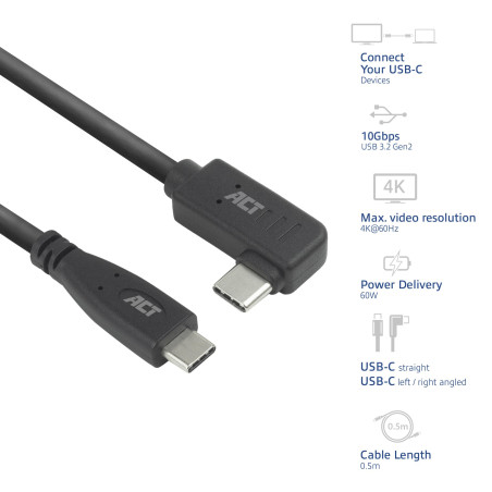 ACT AC7405 Câble coudé USB C 0,5 m, PD 60 W USB C Fiche coudée à 90 °, droit vers la gauche/droite, vitesse de données 10 Gbps,