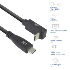 ACT AC7471 Câble coudé USB C 1 m, PD 60 W USB C Fiche coudée 90 °, droit vers le haut/bas, vitesse de données 10 Gbps, résolutio