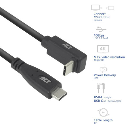 ACT AC7471 Câble coudé USB C 1 m, PD 60 W USB C Fiche coudée 90 °, droit vers le haut/bas, vitesse de données 10 Gbps, résolutio