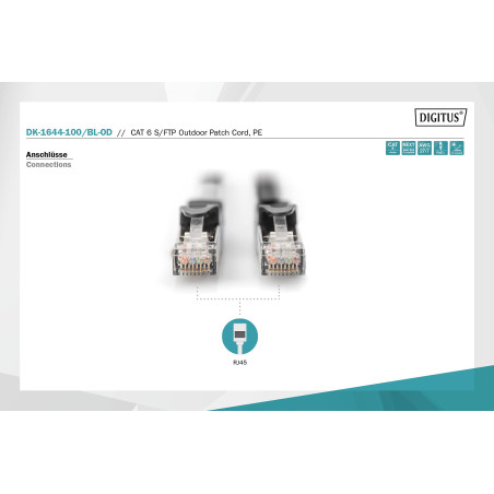 DIGITUS Câble LAN Cat 6-10m - Câble réseau extérieur - S/FTP blindé - PoE+ & RJ45 - Compatible Cat 6A - Noir