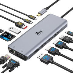 Station d'accueil USB C 4 Moniteur Docking Station 13 en 1 USB C Dock avec DisplayPort 8K@30Hz, 2 HDMI 4K@60Hz, VGA, 3 USB A/C 3