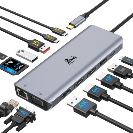 Station d'accueil USB C 4 Moniteur Docking Station 13 en 1 USB C Dock avec DisplayPort 8K@30Hz, 2 HDMI 4K@60Hz, VGA, 3 USB A/C 3