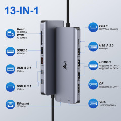Station d'accueil USB C 4 Moniteur Docking Station 13 en 1 USB C Dock avec DisplayPort 8K@30Hz, 2 HDMI 4K@60Hz, VGA, 3 USB A/C 3