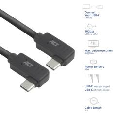 ACT Câble d'angle USB C 1 m, PD 60 W Câble d'angle USB C 90 degrés, gauche/droite à gauche/droite, débit de données 10 Gbit/s, c